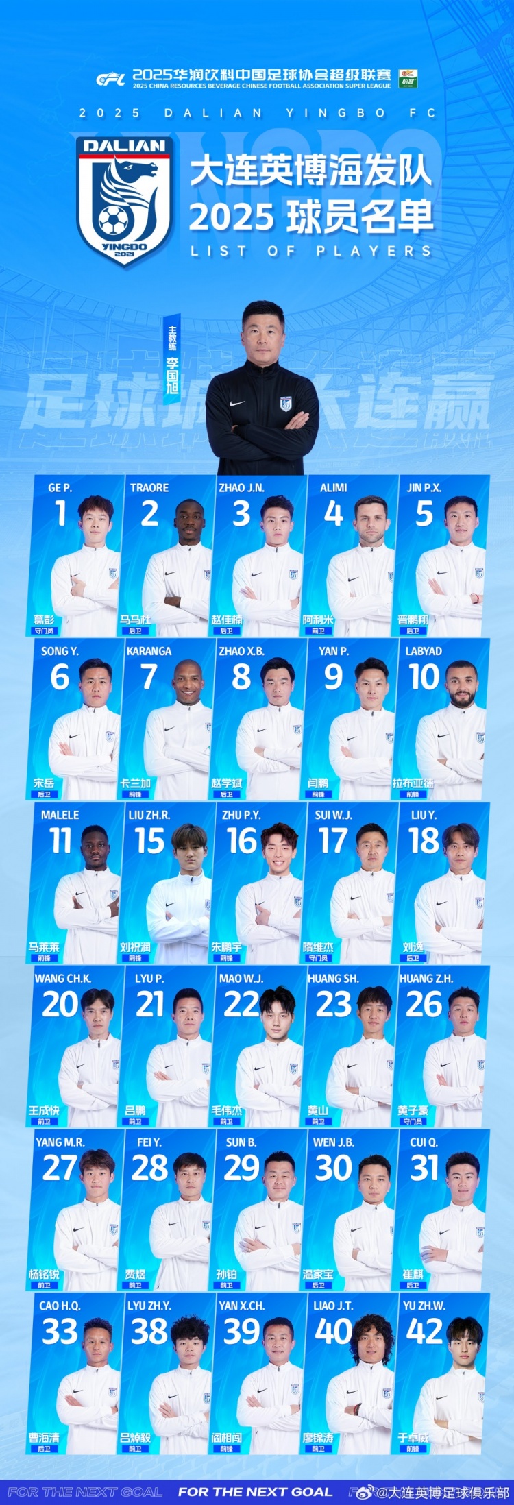  大連英博一線隊(duì)名單：10號拉布亞德領(lǐng)銜五外援，共30名球員入選