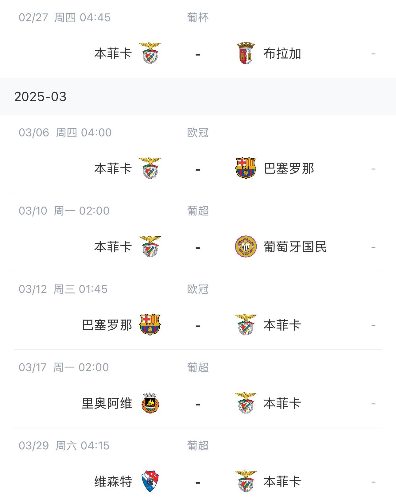  讓路歐冠！本菲卡戰(zhàn)巴薩首回合比賽前的葡超比賽推遲進(jìn)行