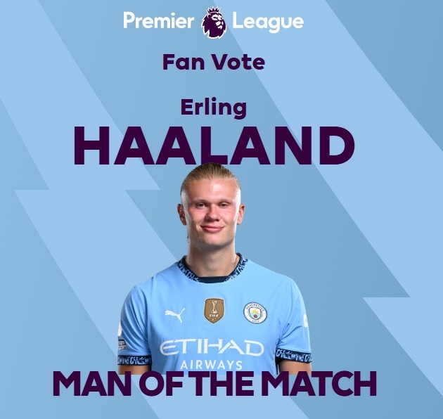  打進致勝球！英超官方：哈蘭德當選曼城1-0熱刺全場最佳球員